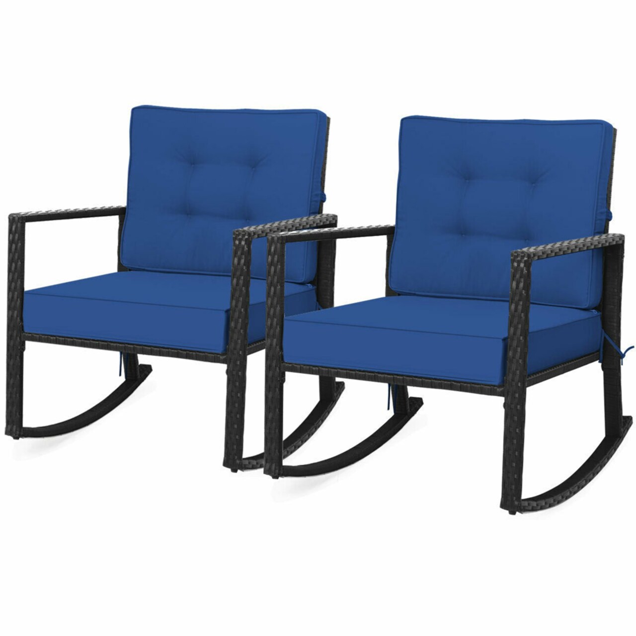 2Pcs Outdoor Wicker Rocking Chair Patio Rattan Single Chair Glider W/ Navy Cushion